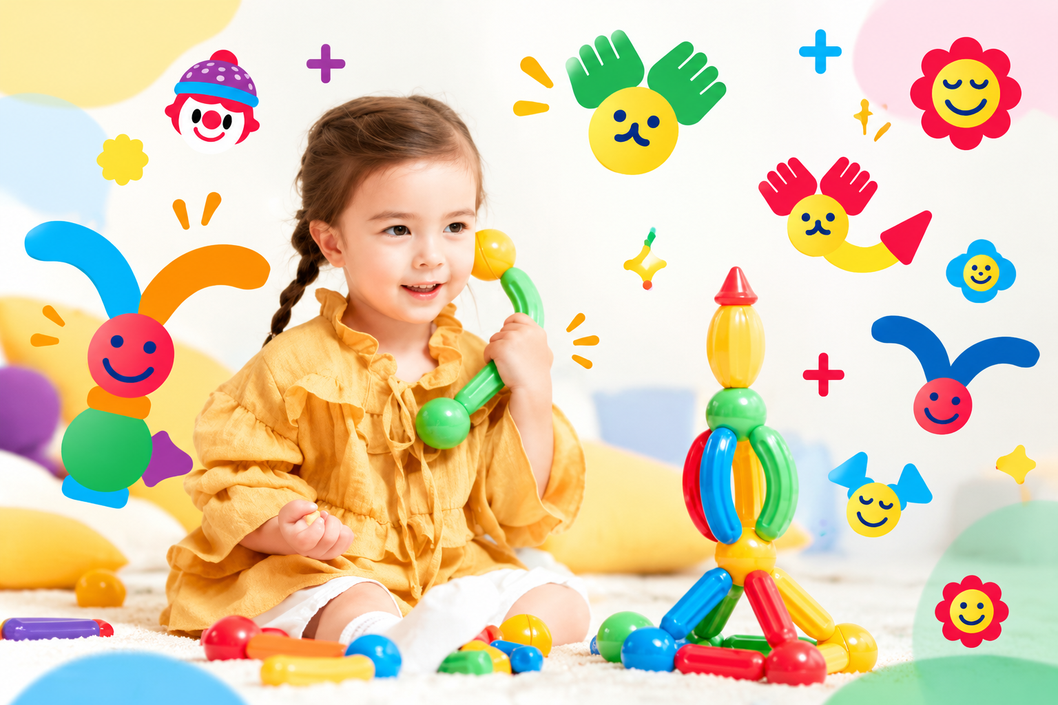 孩子使用彩色拼搭教具进行创意探索